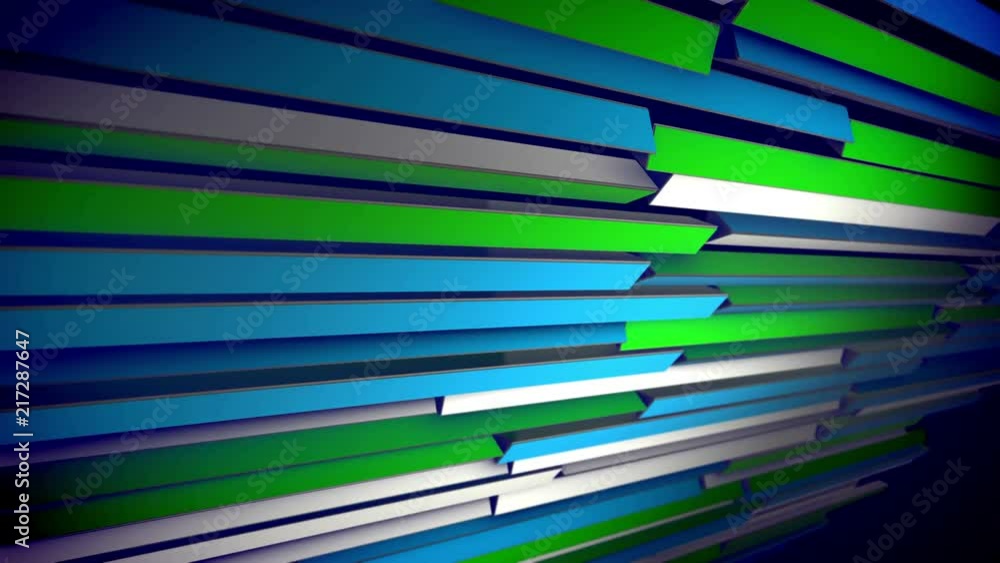 Poster a stunning 3d rendering of horizontal colorful blinds rotating slowly and changing the colors of str