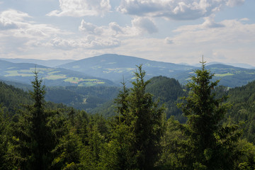 Panoramic view of idyllic mountain landscape in summer