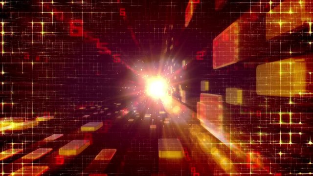 An impressive 3d rendering of a time portal from flying golden bricks in the purple background with a holographic network. It looks mesmerizing and has some calming effect.
