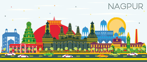 Nagpur India City Skyline with Color Buildings and Blue Sky. - obrazy, fototapety, plakaty