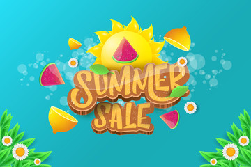 vector sammer sale horizontal banner with text, summer green grass, flying fresh lemons, flowers and slice of watermelon. Creative 3d summer shopping horizontal poster or label