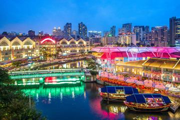 aerial view of Clarke Quay in singapore at night - obrazy, fototapety, plakaty