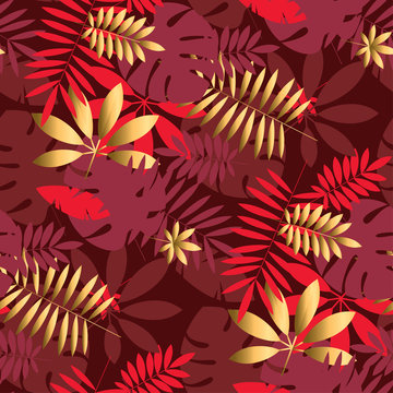 Gold And Red Geometric Tropical Seamless Pattern
