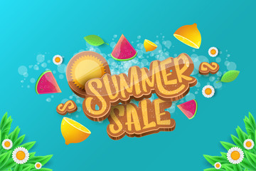 vector sammer sale horizontal banner with text, summer green grass, flying fresh lemons, flowers and slice of watermelon. Creative 3d summer shopping horizontal poster or label