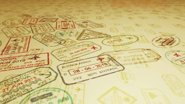 A horizontal panoramic 3d rendering of travel stamps flying and landing on slanting sandy surface full of visa marks in the camel yellow background. It looks inspiring and optimistic. 