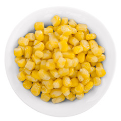 Fresh sweet corn in bowl on white. Top view.