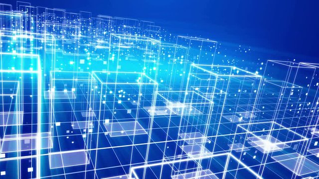 A zoom in 3d rendering of a sci-fi virtual city with many crystalline buildings placed on a grid from squares in the blue background. They are the same and look pragmatic and innovative.