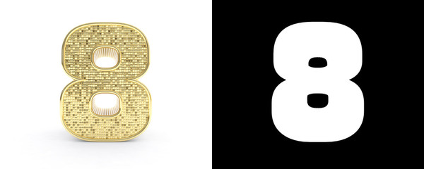 Golden number eight (number 8) on white background with drop shadow and alpha channel. 3D illustration