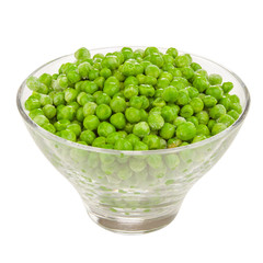 Frozen green peas in bowl on white.  Isolated with clipping path.