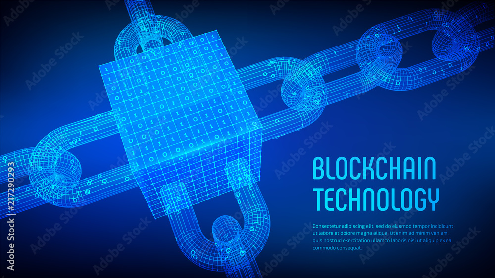 Wall mural block chain. crypto currency. blockchain concept. 3d wireframe chain and isometric digital block wit - Wall murals