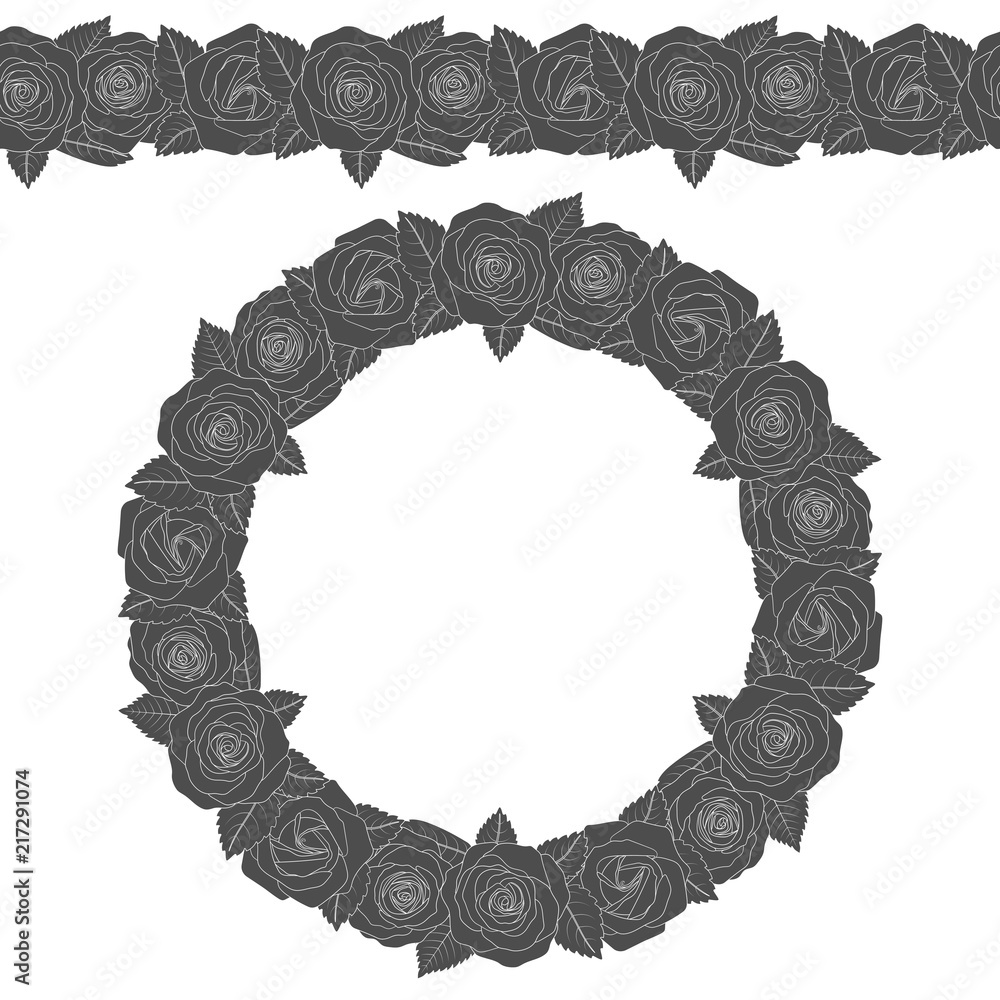 Poster black and white illustration of a round wreath and seamless pattern of roses. isolated vector object