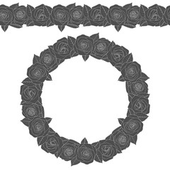Black and white illustration of a round wreath and seamless pattern of roses. Isolated vector object on white background.