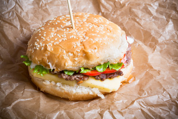Closeup of tasty grilled homemade burger