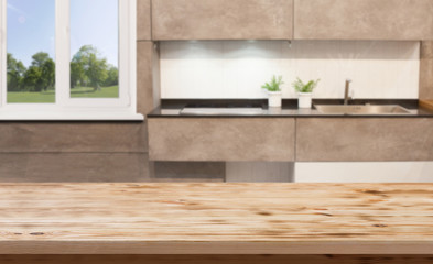 Kitchen background with table. Wooden table texture.