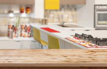 Kitchen background with table. Wooden table texture.