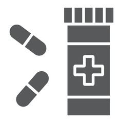 Pills glyph icon, pharmacy and medicine, tablet bottle sign, vector graphics, a solid pattern on a white background, eps 10.