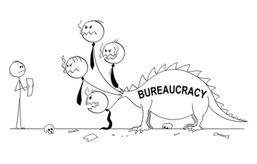 Cartoon stick drawing conceptual illustration of man or businessman facing the monster, beast or dragon. Concept of bureaucracy.