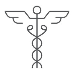 Caduceus thin line icon, medical and hospital, pharmacy sign, vector graphics, a linear pattern on a white background, eps 10.