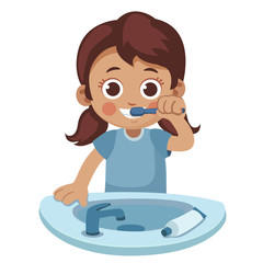 Child brushing her teeth. Cute little girl with a toothbrush and a sink smiling. Cartoon vector illustration