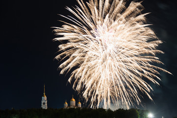 Big festive fireworks over the Assumption Cathedral in Vladimir, Russia