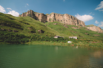 mountain lake against the backdrop of the mountains of the North Caucasus