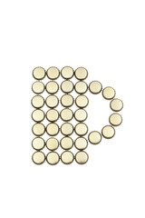 Stylized image of mug of beer, created from metal bottle caps, isolated on white background