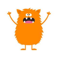 Cute orange monster icon. Happy Halloween. Cartoon colorful scary funny character. Eyes, tongue, fang, ears, holding hands up. Funny baby collection. White background Isolated. Flat design.