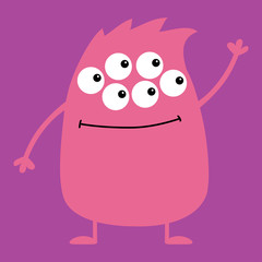 Cute pink monster icon. Happy Halloween. Cartoon colorful scary funny character. Eyes, hair, holding hands up, waving hand. Funny baby collection. Violet background Isolated. Flat design.