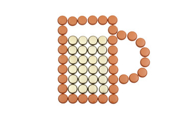 Stylized image of mug of beer, created from metal bottle caps, isolated on white background
