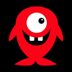 Cute red monster icon. Happy Halloween. Cartoon colorful scary funny character. One fish eye, tooth. Funny baby collection. Black background Isolated. Flat design.
