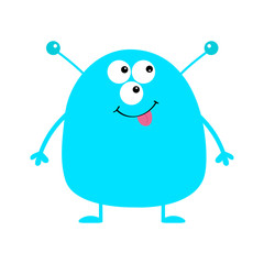Cute blue monster icon. Happy Halloween. Cartoon colorful scary funny character. Eyes, ears antenna, mouth, tongue. Funny baby collection. White background Isolated. Flat design.