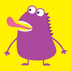 Cute violet monster icon. Happy Halloween. Cartoon colorful scary funny character. Eyes, mouth showing tongue. Funny baby collection. Yellow background Isolated. Flat design.