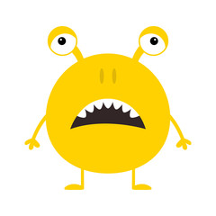 Cute yellow monster icon. Happy Halloween. Cartoon colorful scary funny character. Eyes, ears, nose, open mouth. Funny baby collection. White background Isolated. Flat design.