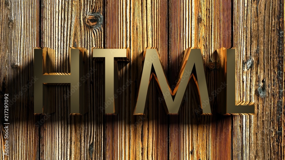 Aufkleber html brass write on wooden background - 3d rendering