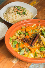 Moroccan dish with lamb, vegetables and bulgur