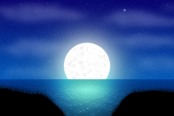 Fantasy night landscape with grassy shore silhouette, shimmering water surface, shiny moon and starry sky.