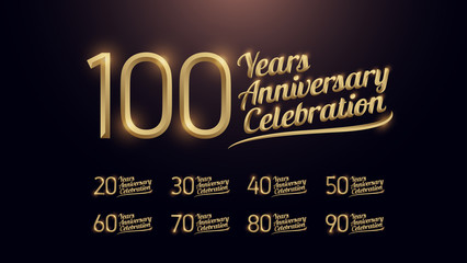 20, 30, 40, 50, 60, 70, 80, 90, 100 years anniversary celebration gold number and golden graphic dark background. vector illustration