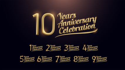 1, 2, 3, 4, 5, 6, 7, 8, 9, 10 years anniversary celebration gold number and golden graphic dark background. vector illustration