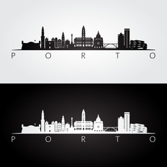 Fototapeta premium Panoramę Porto i zabytki sylwetka, czarno-biały design, ilustracji wektorowych.