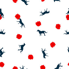 Seamless pattern small blue horse silhouette, red rose on white, vector eps 10
