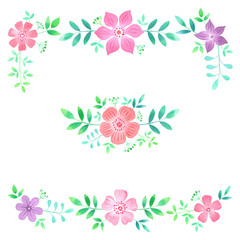 Watercolor floral frame and bouquet. Hand drawn design elements with flowers and leaves