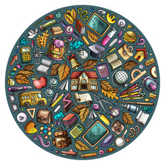 Colorful vector hand drawn set of School cartoon doodle objects