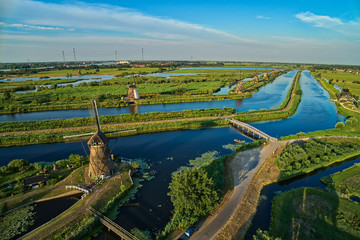 Aerial view of traditional windmills in Kinderdijk, The Netherlands.