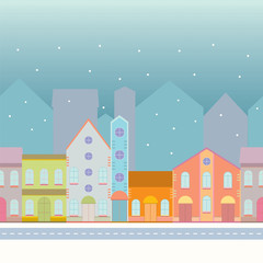 Fototapeta premium House buildings, home seamless background pattern. Street view in small city, town with road in winter time, snowing.
