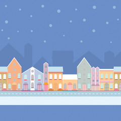 House buildings, home seamless background pattern. Street view in small city, town with road in winter time, snowing.