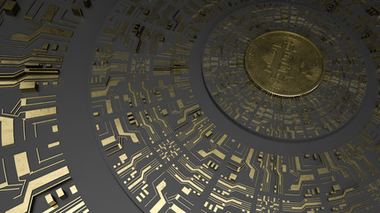 Gold Bitcoin on black background and futuristic golden printed circuit. Digital Currency. Mining 