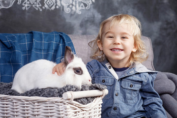 Lovely little boy plays with a white rabbit. The boy laughs, a look in the camera
