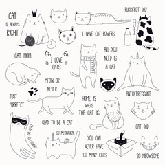 Set mit süßen, lustigen Schwarz-Weiß-Doodles von verschiedenen Katzen und Zitaten. Isolierte Objekte. Handgezeichnete Vektor-Illustration. Strichzeichnung. Designkonzept für Poster, T-Shirt, Modedruck.