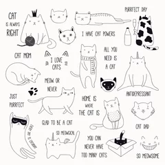Fotobehang Set van leuke grappige zwart-wit doodles van verschillende katten en citaten. Geïsoleerde objecten. Hand getekend vectorillustratie. Lijntekening. Ontwerpconcept voor poster, t-shirt, fashion print. © Maria Skrigan