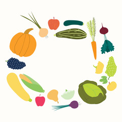 Hand drawn vector illustration of different vegetable in a round frame design, with copy space. Isolated objects on white background. Flat style. Concept for gardening, autumn harvest.